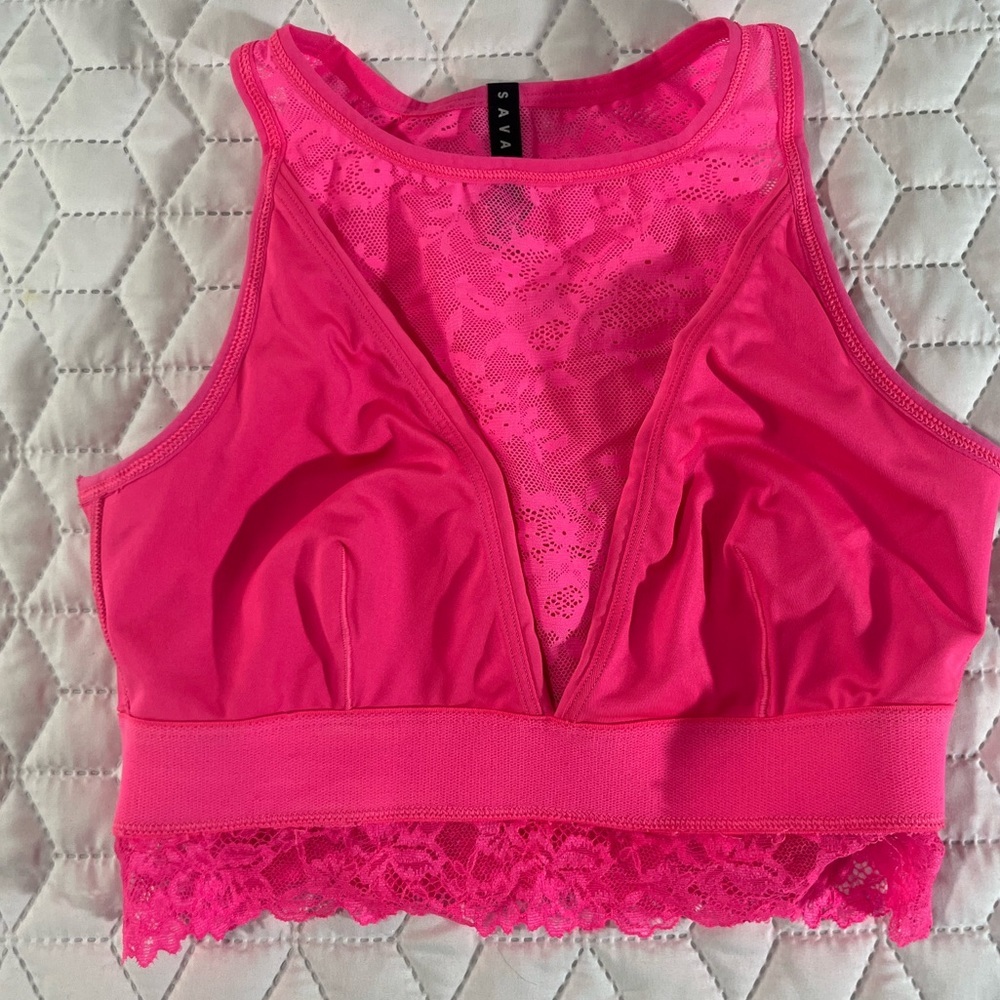 Savage X Fenty Hot Pink Lace Mesh Crop Top Bralette Size Small 4-6 NWOT - Picture 6 of 8